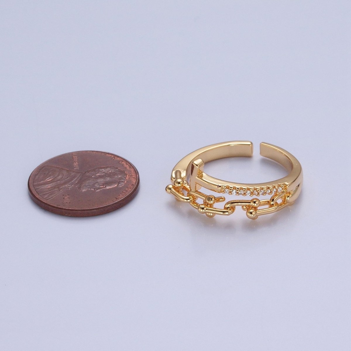 24K Gold Filled Micro Pave CZ Open T Ring with Ball Link Chain Ring O-2277 O-2278