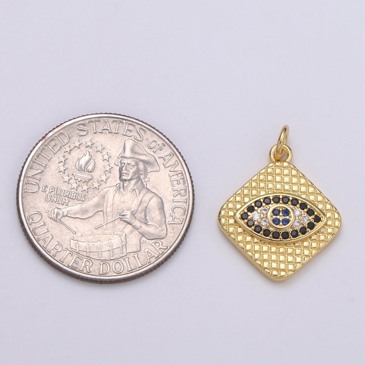 24K Gold Filled Blue, Black Micro Paved CZ Evil Eye Rhombus Charm | C355 E145