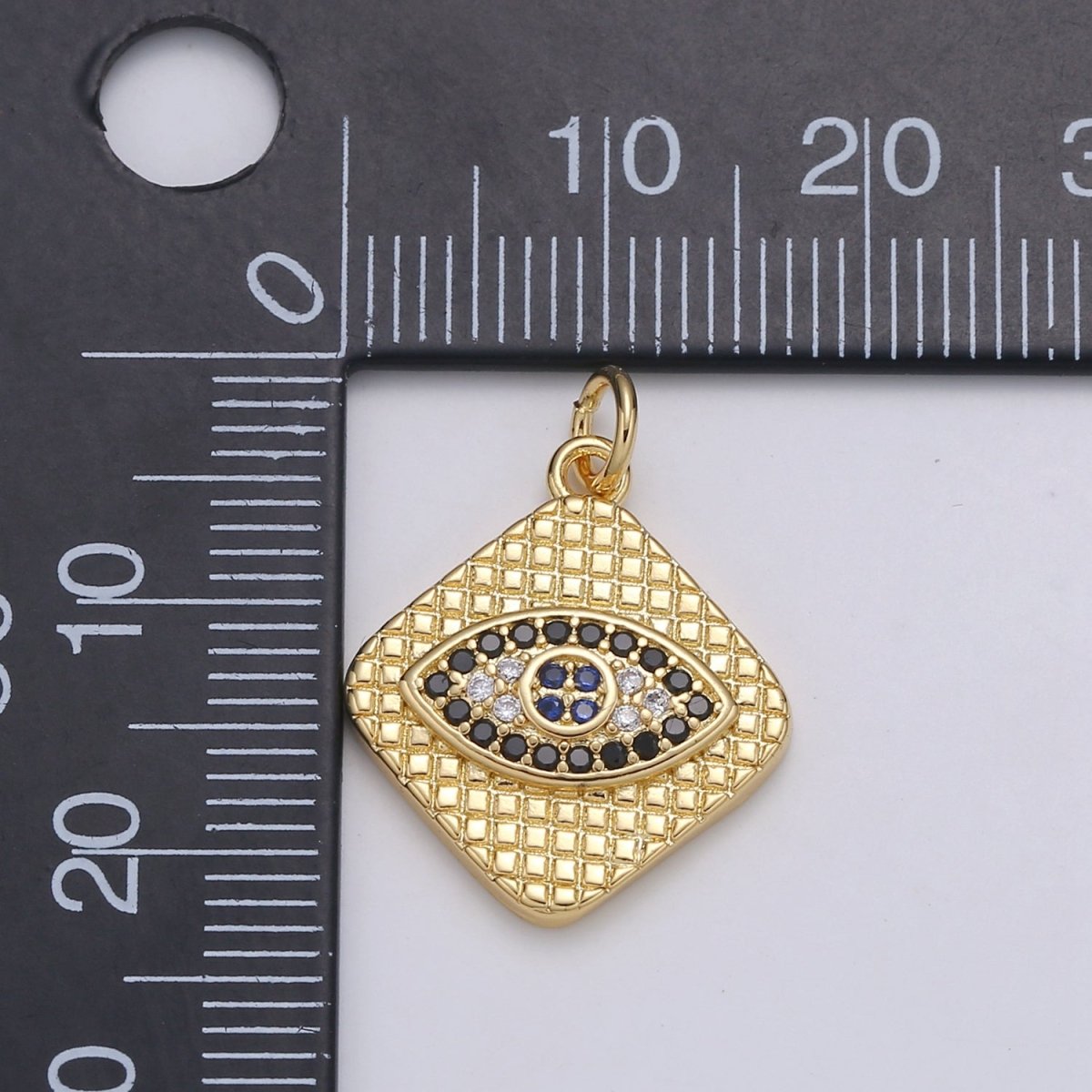 24K Gold Filled Blue, Black Micro Paved CZ Evil Eye Rhombus Charm | C355 E145