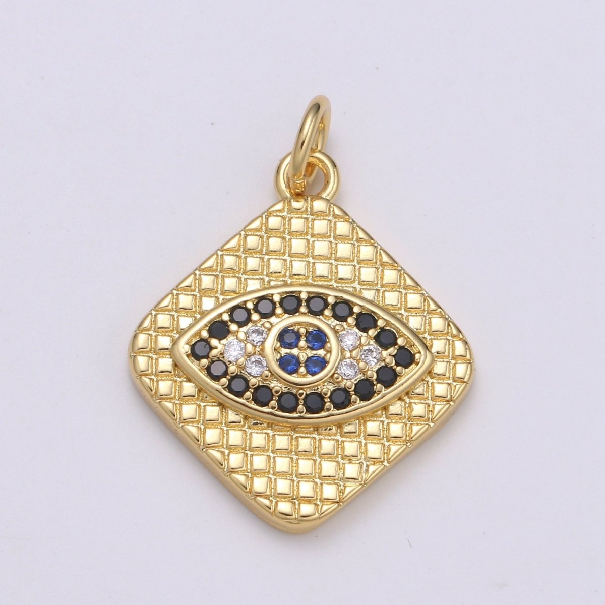 24K Gold Filled Blue, Black Micro Paved CZ Evil Eye Rhombus Charm | C355 E145