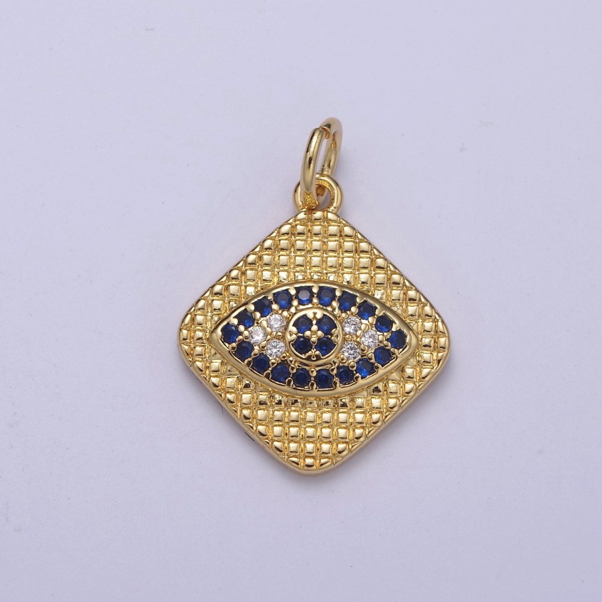24K Gold Filled Blue, Black Micro Paved CZ Evil Eye Rhombus Charm | C355 E145