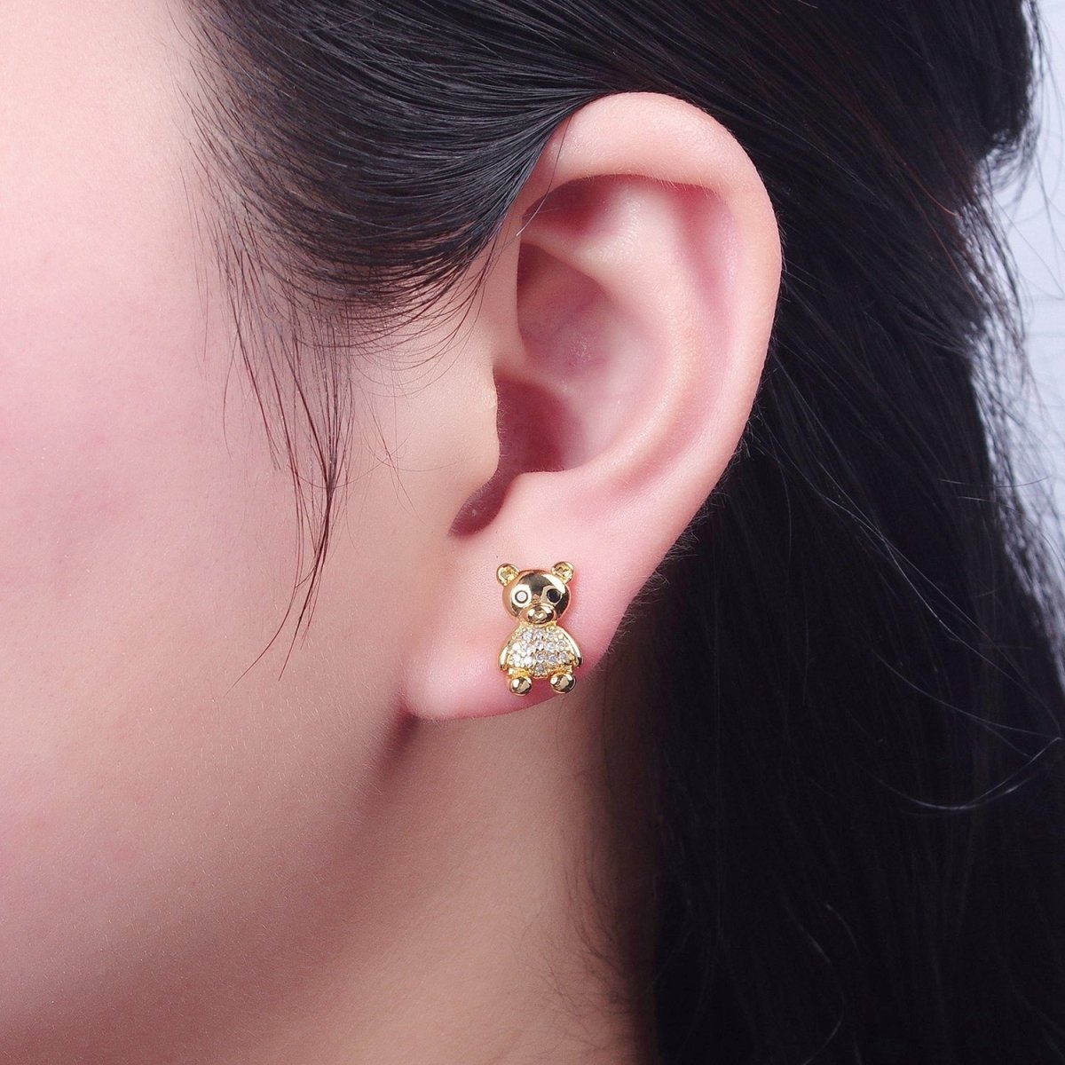 24K Gold Filled Micro Pave Gold Teddy Bear Stud Earrings P-320
