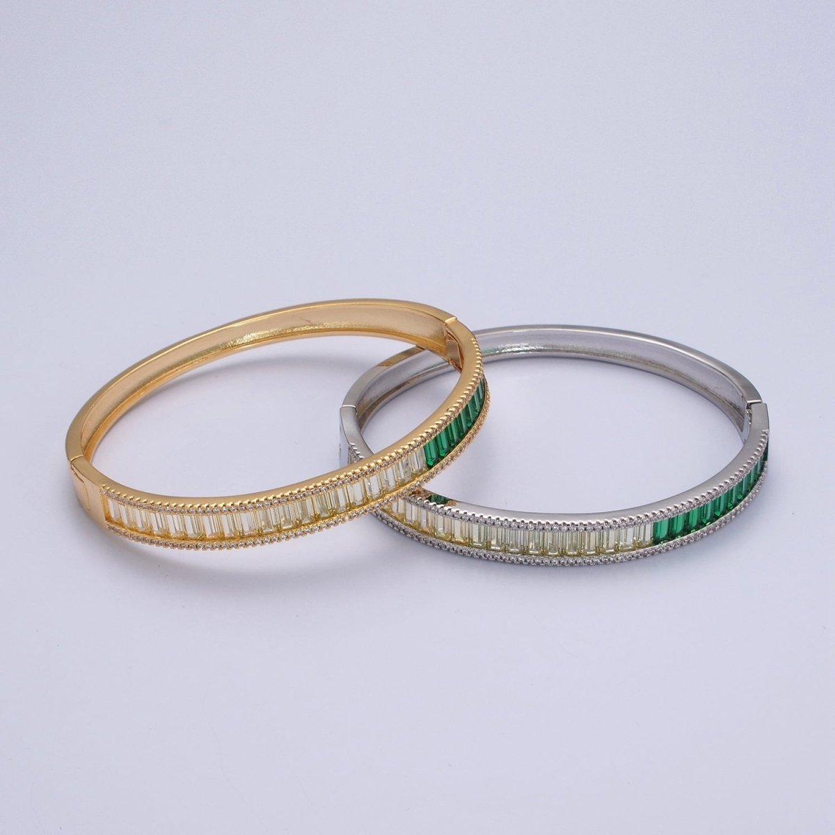 24K Gold Filled Micro Pave Gradient Green Baguette Bangle Bracelet | WA-1012 WA-1013 Clearance Pricing