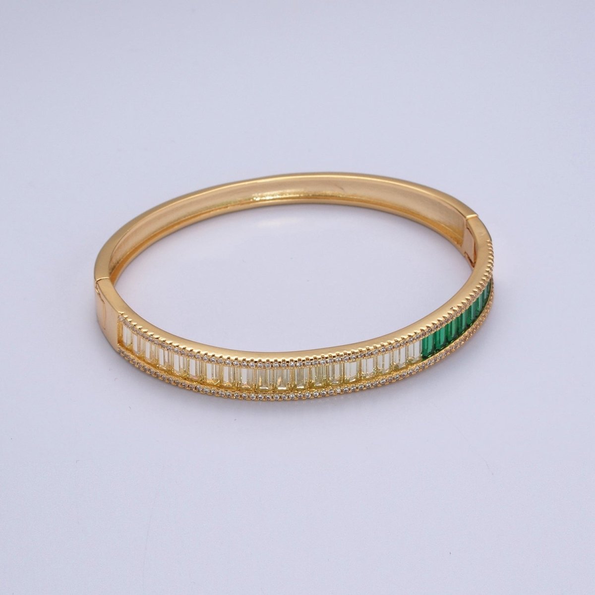 24K Gold Filled Micro Pave Gradient Green Baguette Bangle Bracelet | WA-1012 WA-1013 Clearance Pricing