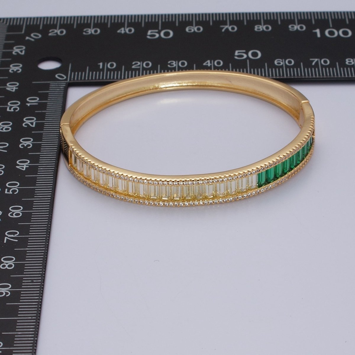 24K Gold Filled Micro Pave Gradient Green Baguette Bangle Bracelet | WA-1012 WA-1013 Clearance Pricing