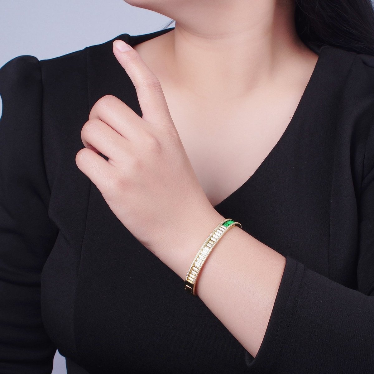 24K Gold Filled Micro Pave Gradient Green Baguette Bangle Bracelet | WA-1012 WA-1013 Clearance Pricing