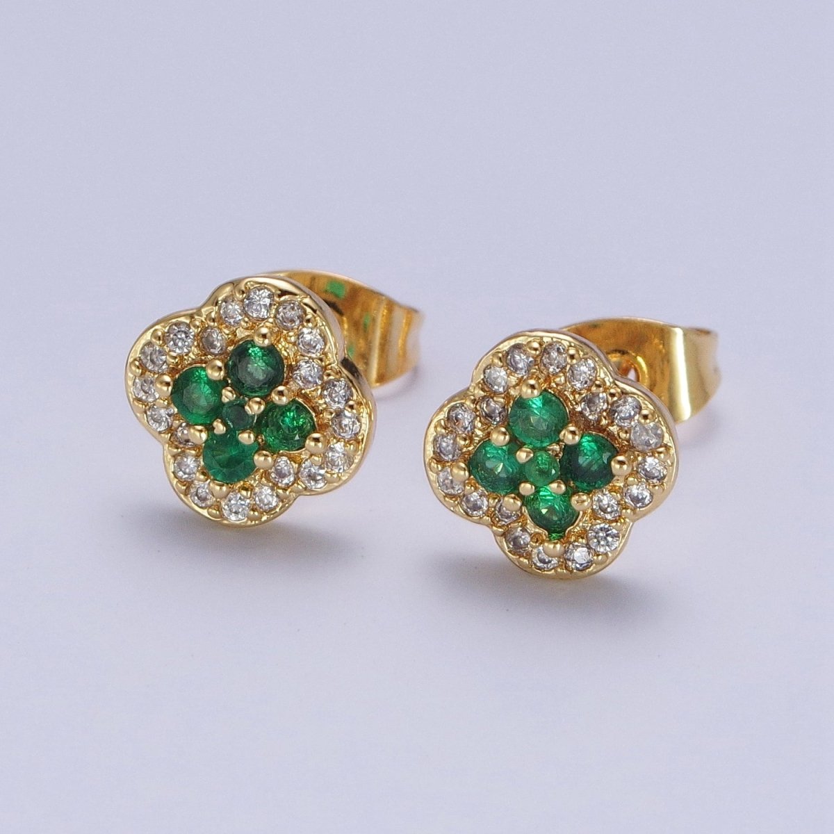 24K Gold Filled Micro Pave Green & Clear Cubic Zirconia Lucky Clover Leaf Stud Earrings | AD-512
