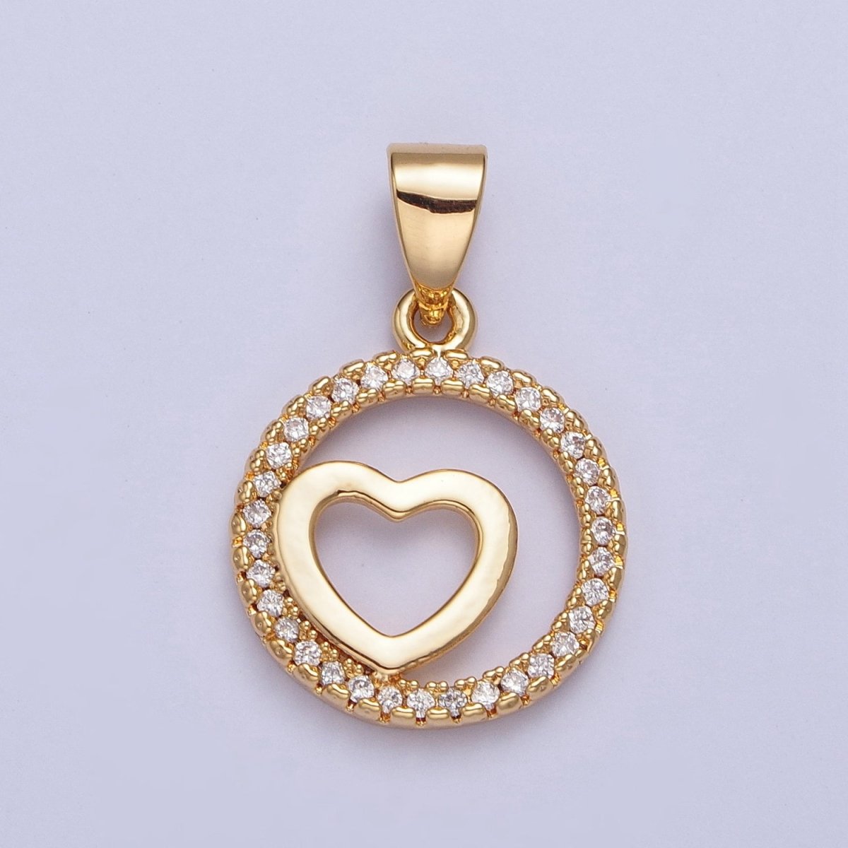24K Gold Filled Micro Pave Heart Love Round Open Medallion Pendant For Jewelry Making X-448