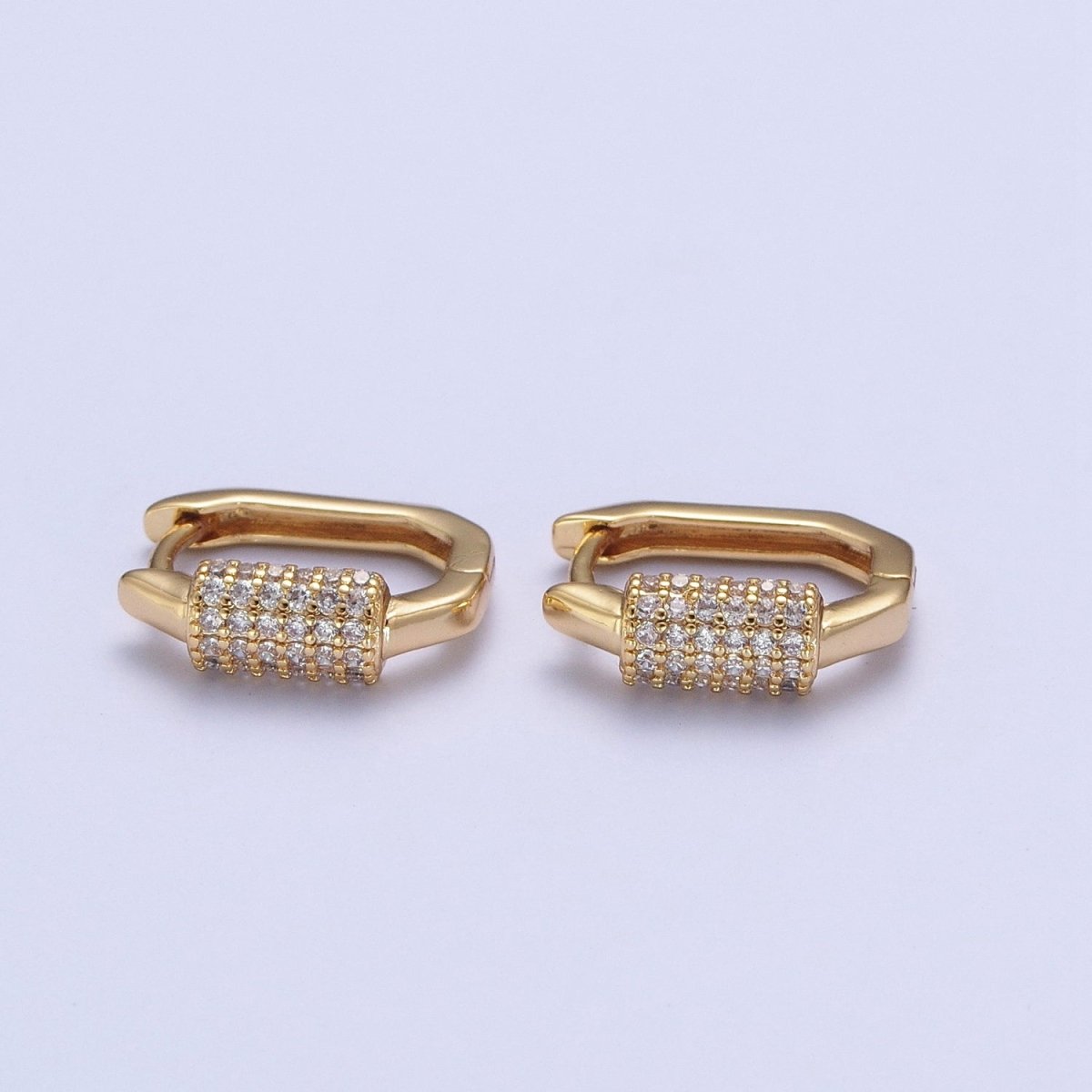 24K Gold Filled Micro Pave Long Oval Hexagonal Huggie Hoop T-033