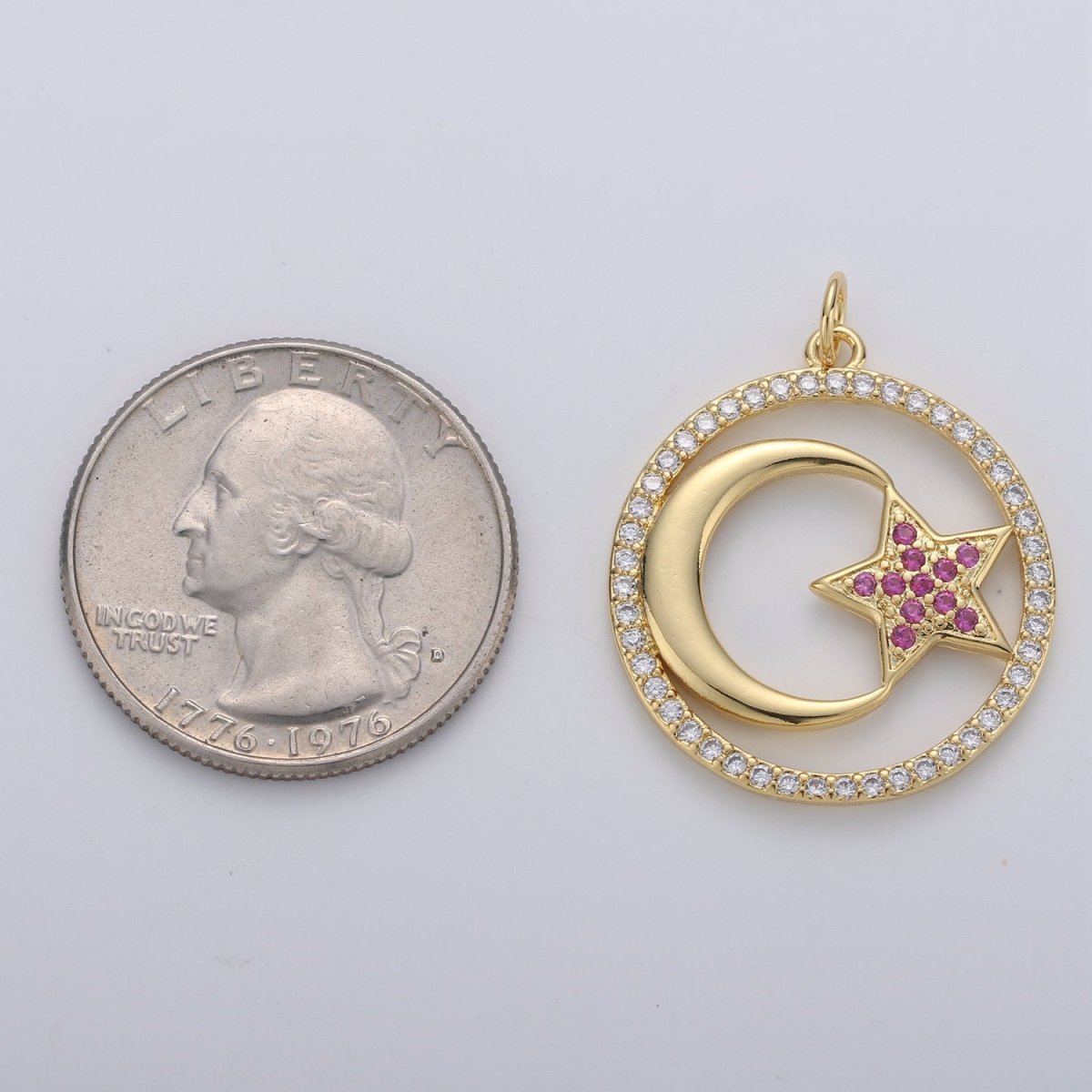 24k Gold Filled Micro Pave Moon Charm, Cubic Zirconia Moon Pendant Charm Pink Star Charm Gold Filled Charm, For DIY Jewelry D-119
