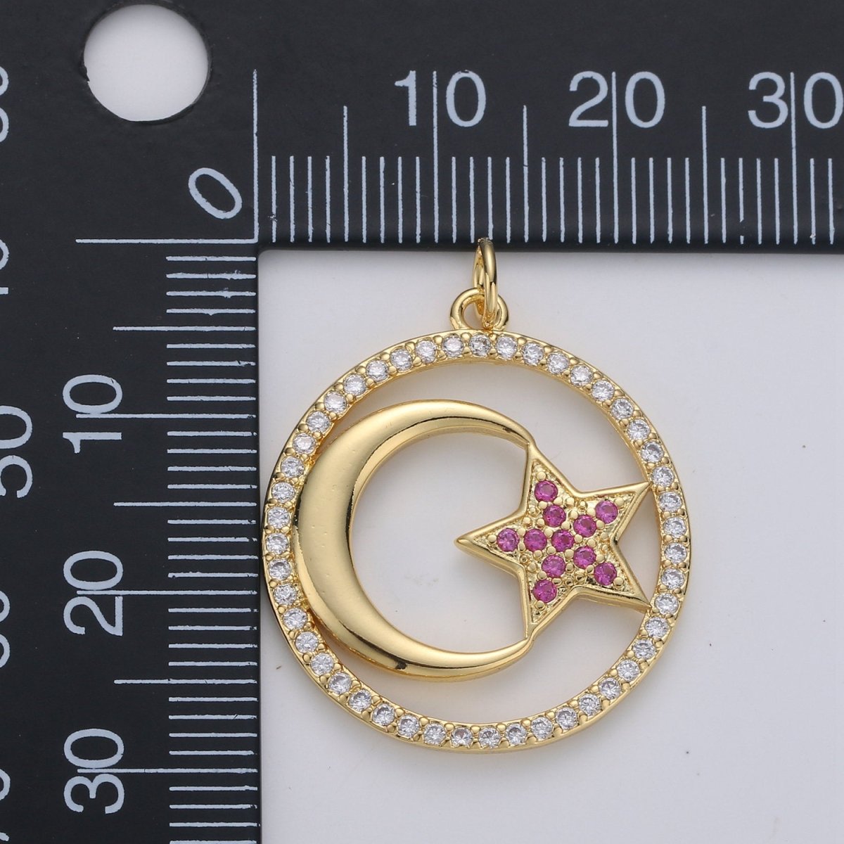 24k Gold Filled Micro Pave Moon Charm, Cubic Zirconia Moon Pendant Charm Pink Star Charm Gold Filled Charm, For DIY Jewelry D-119