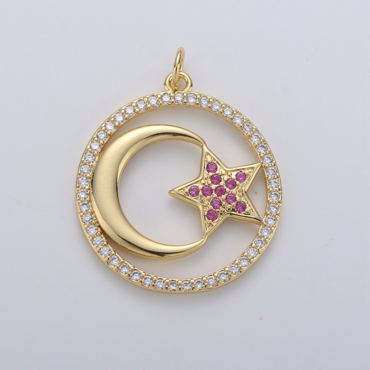 24k Gold Filled Micro Pave Moon Charm, Cubic Zirconia Moon Pendant Charm Pink Star Charm Gold Filled Charm, For DIY Jewelry D-119