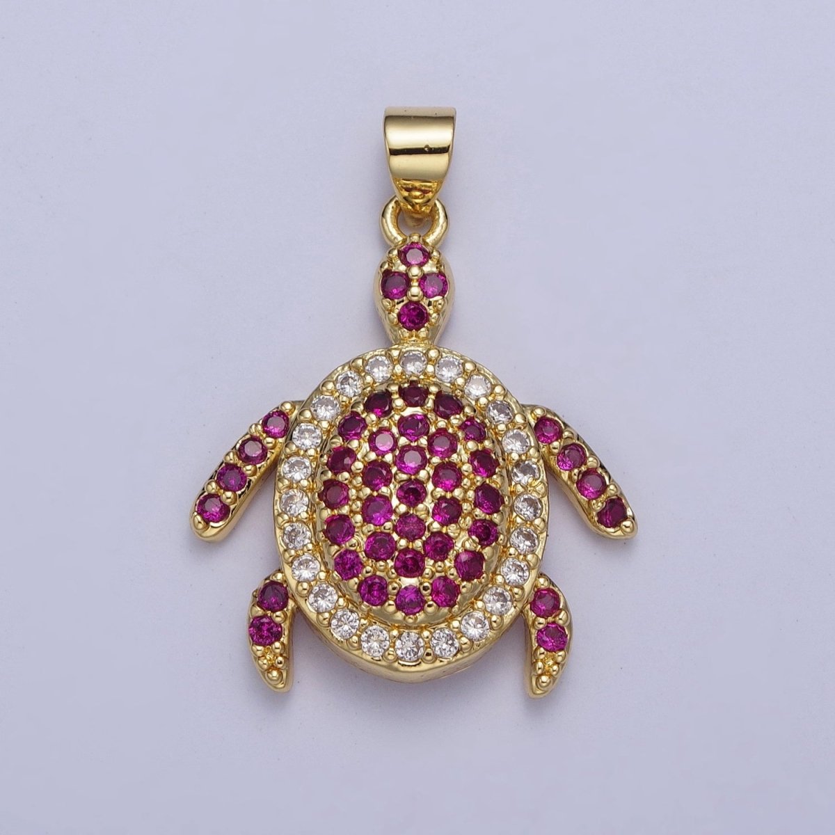 24K Gold Filled Micro Pave Ocean Wildlife Turtle Turquoise Pendant, Fuchsia & Clear Cubic Zirconia Sea Animal X-420