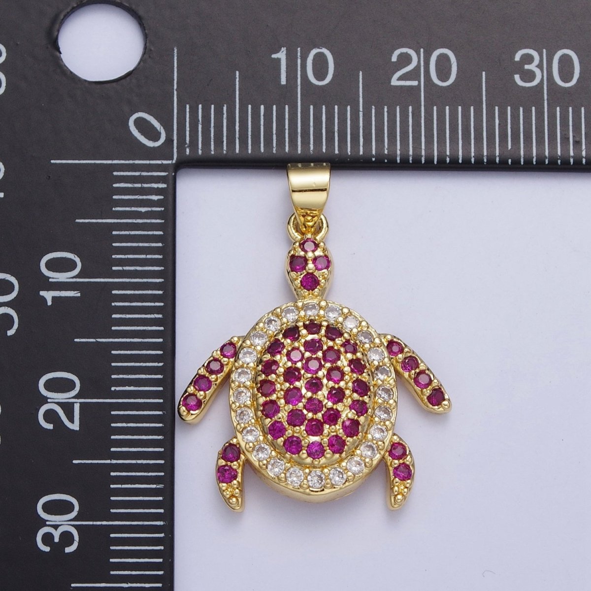 24K Gold Filled Micro Pave Ocean Wildlife Turtle Turquoise Pendant, Fuchsia & Clear Cubic Zirconia Sea Animal X-420