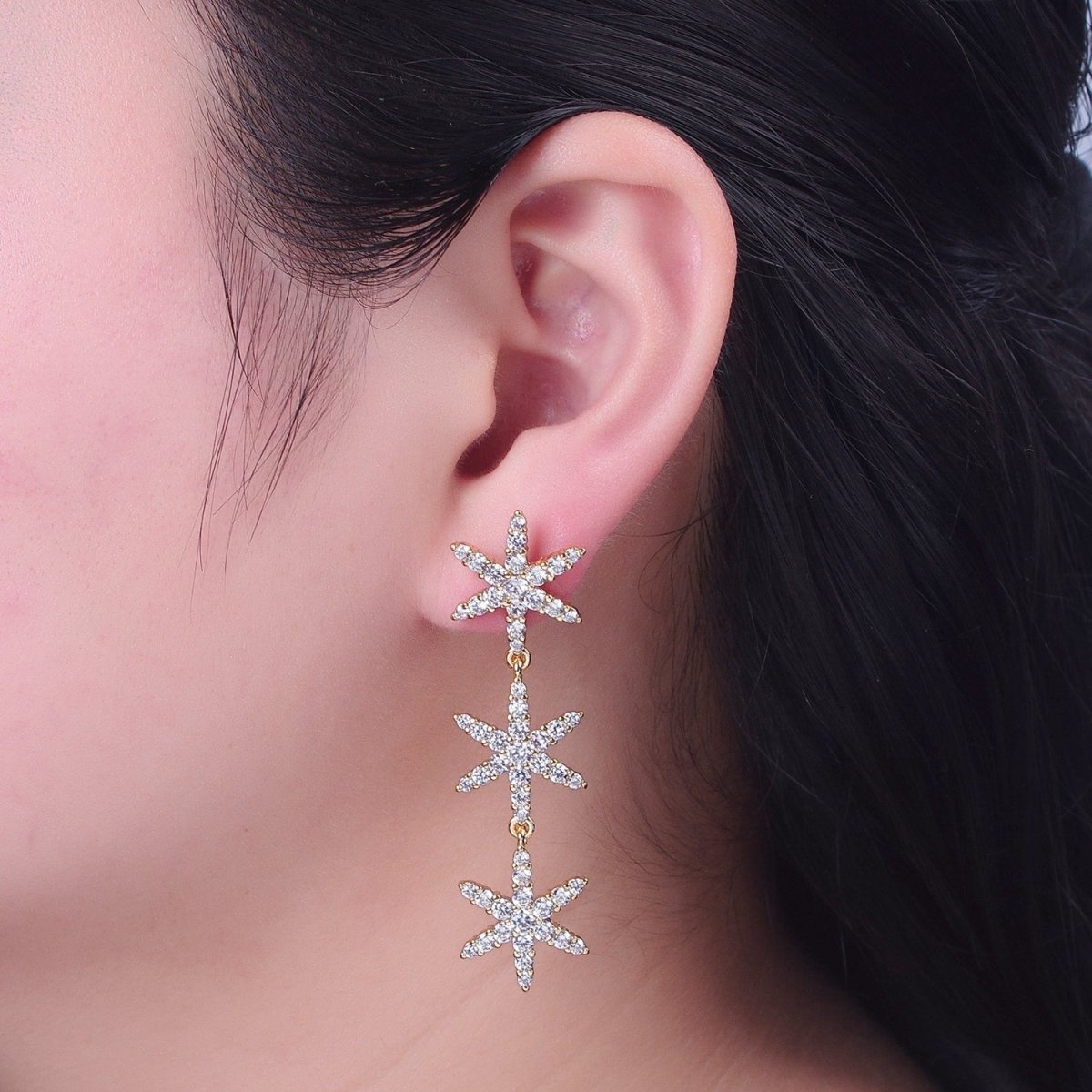 24K Gold Filled Micro Pave Star Dangle Stud Earrings P-314
