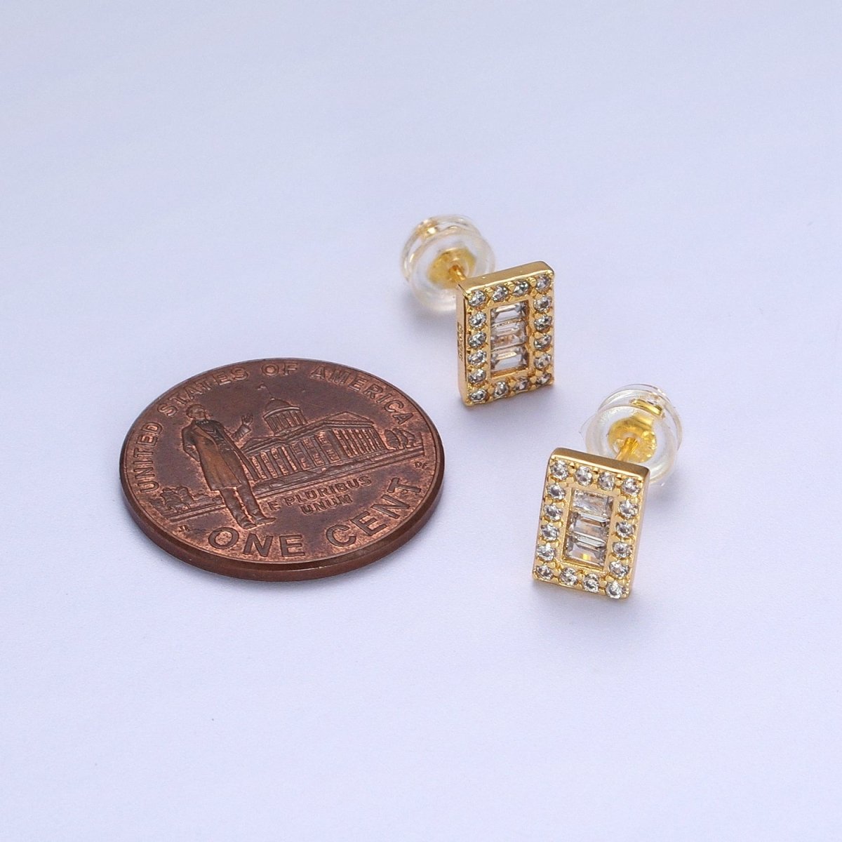 24K Gold Filled Micro Paved Baguette CZ Rectangular Bar Stud Earrings | AD-103