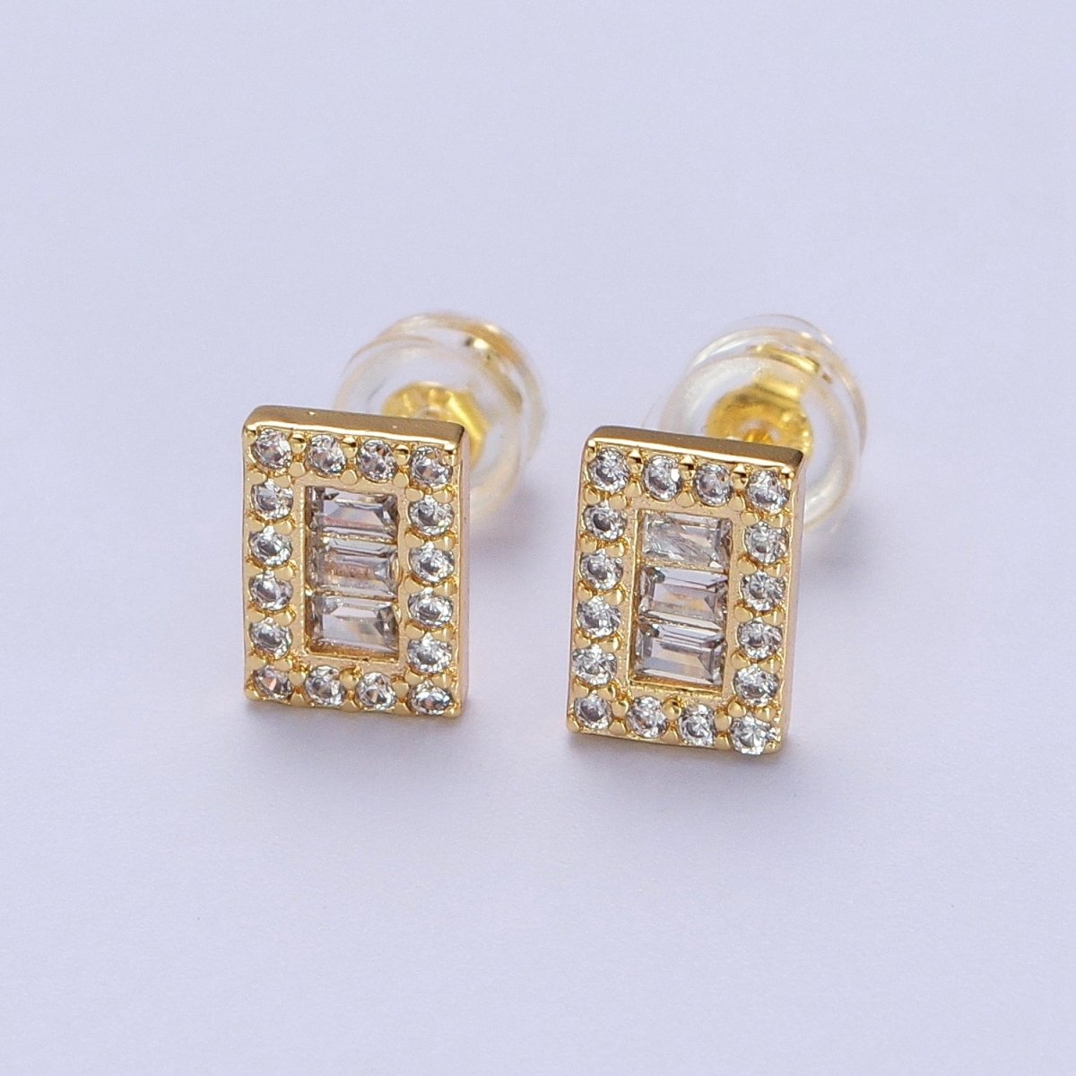 24K Gold Filled Micro Paved Baguette CZ Rectangular Bar Stud Earrings | AD-103
