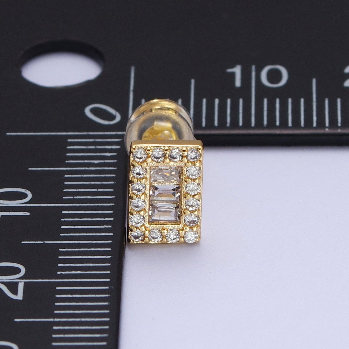 24K Gold Filled Micro Paved Baguette CZ Rectangular Bar Stud Earrings | AD-103