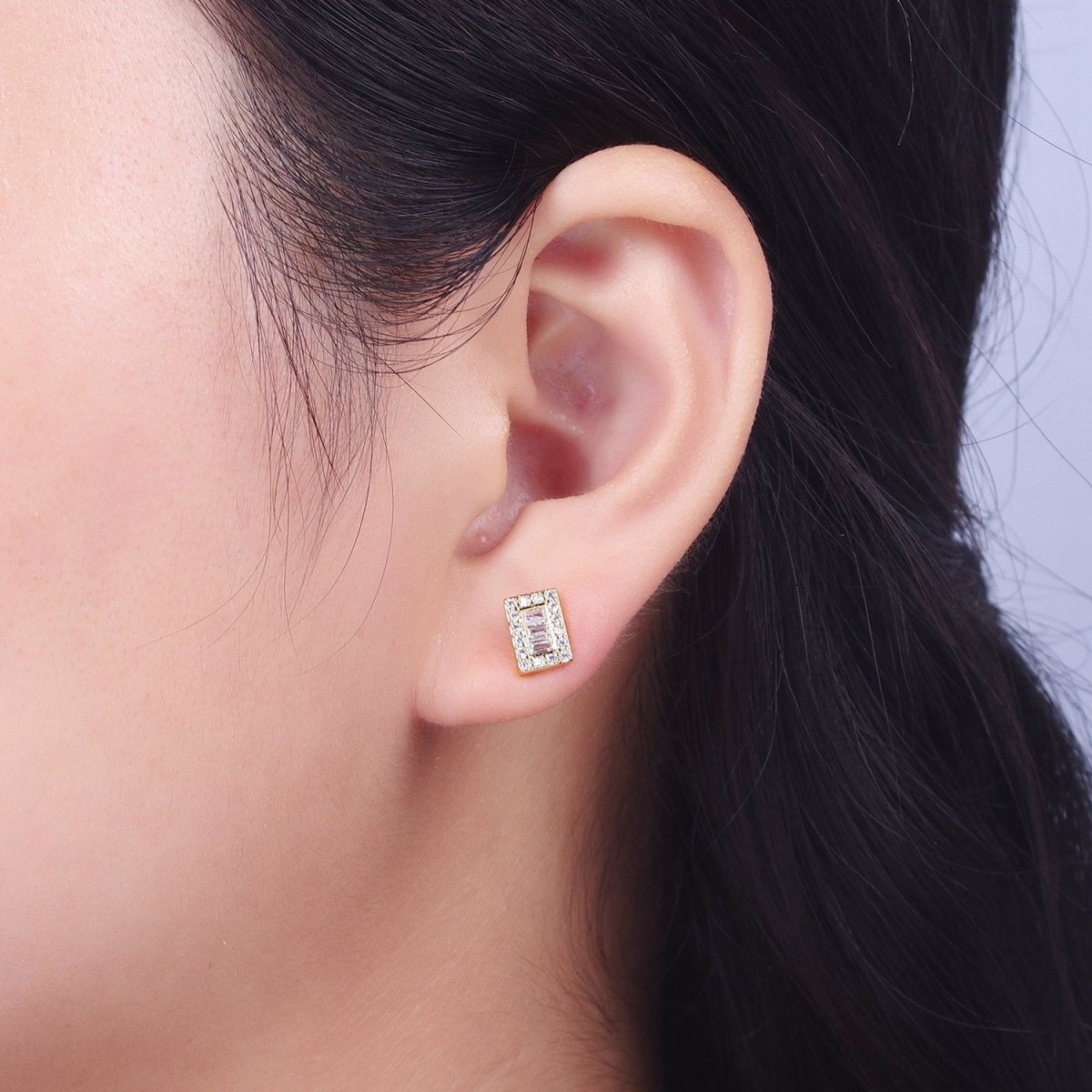 24K Gold Filled Micro Paved Baguette CZ Rectangular Bar Stud Earrings | AD-103