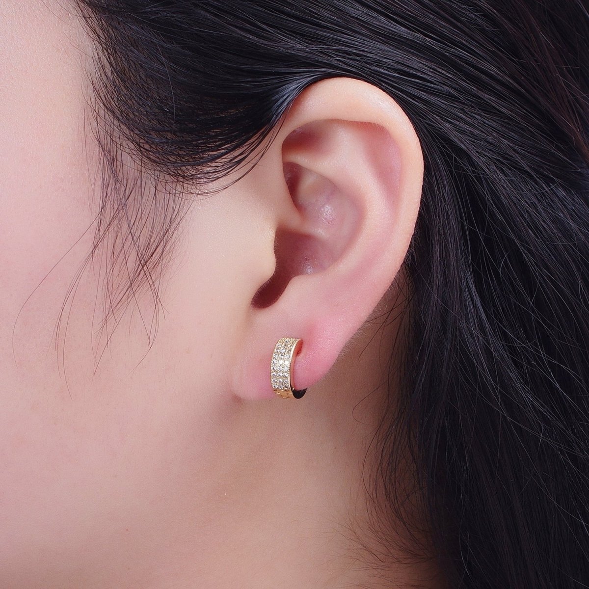 24K Gold Filled Micro Paved Cubic Zirconia Wide Huggie Hoop Earrings | T-106