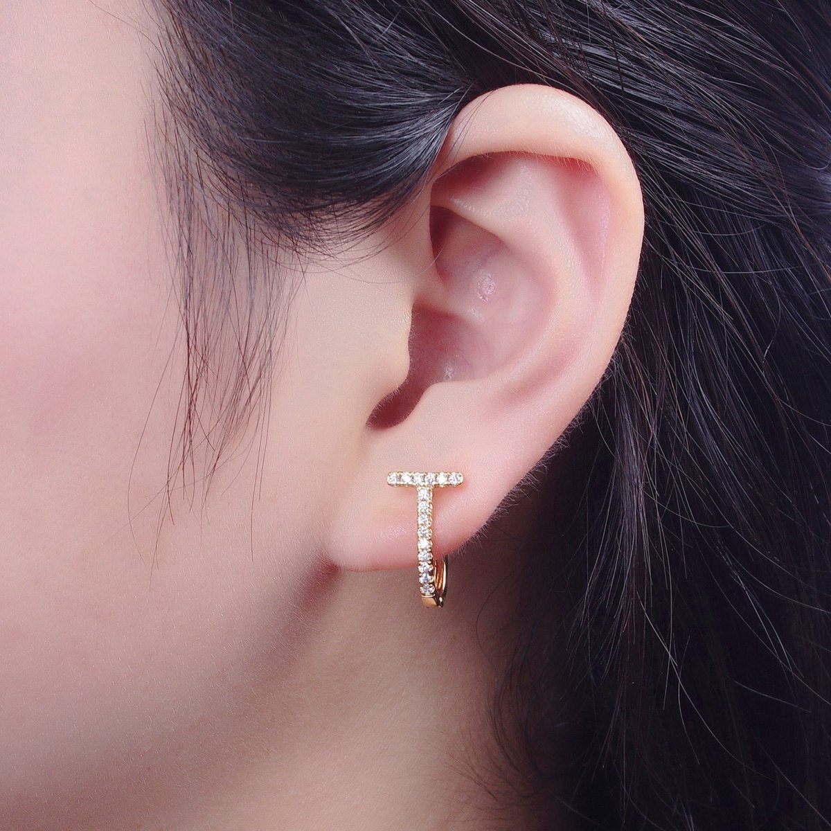24K Gold Filled Micro Paved CZ 16mm T-Shaped Oblong Hoop Earrings T-036