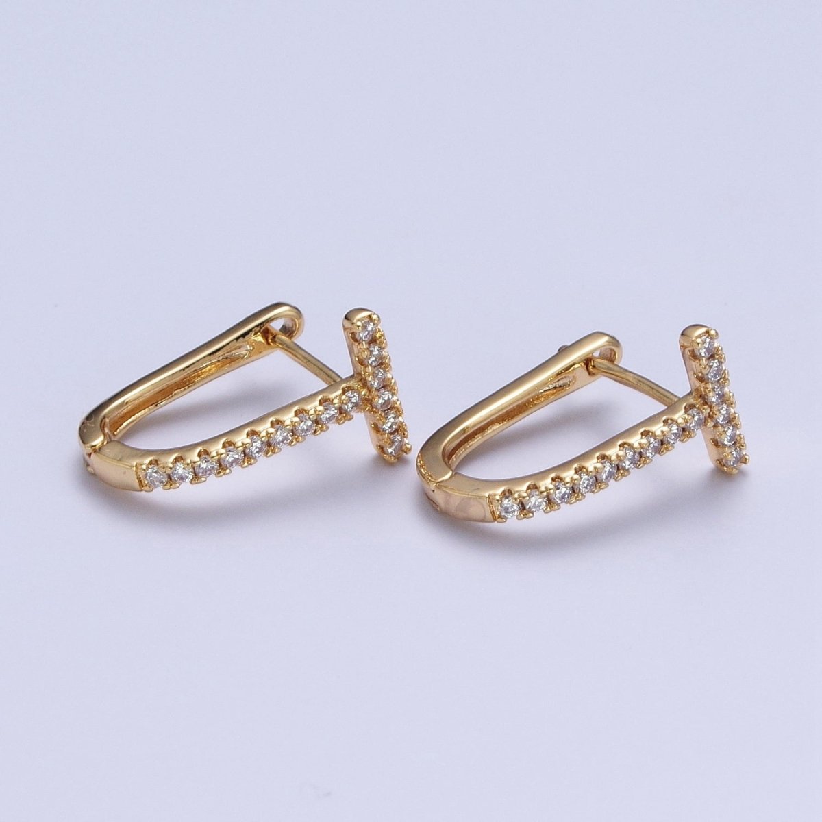 24K Gold Filled Micro Paved CZ 16mm T-Shaped Oblong Hoop Earrings T-036