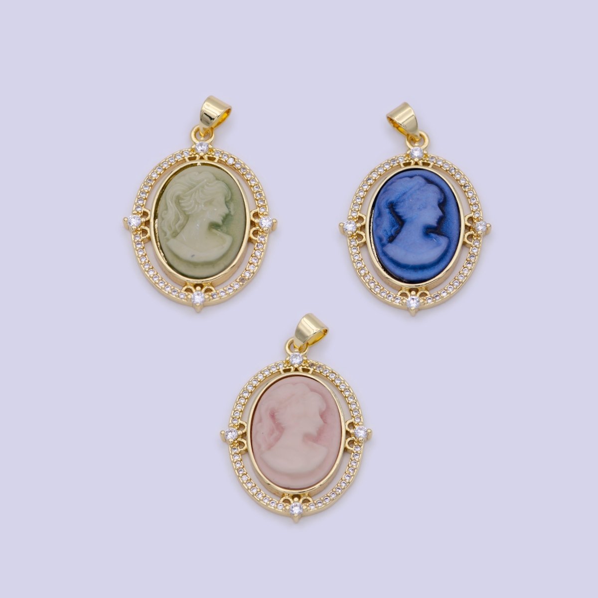 24K Gold Filled Micro Paved CZ Blue Pink Green Agate Women's Portrait Italian Cameo Victorian Vintage Pendant N-616 N-617 N-618