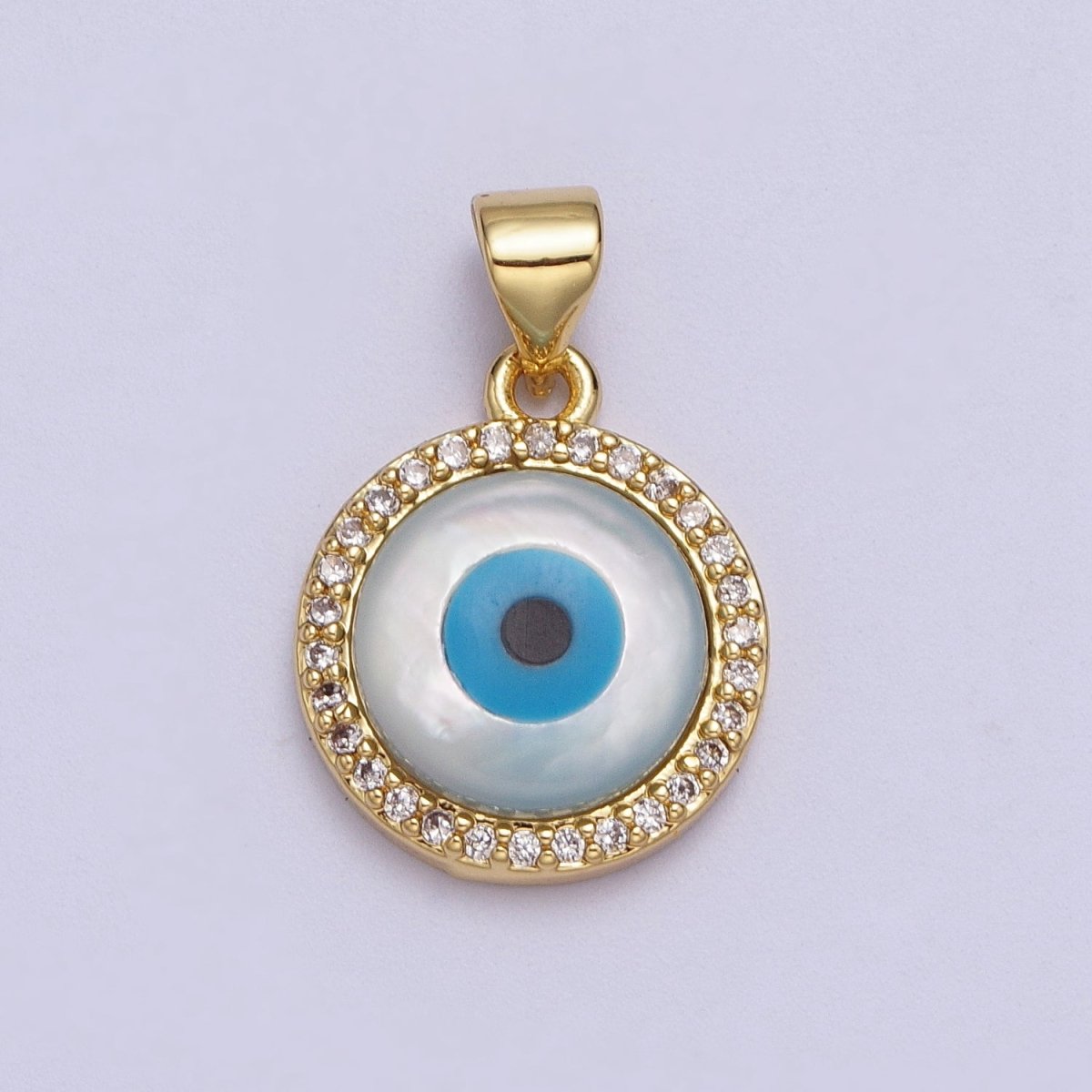 24K Gold Filled Micro Paved CZ Evil Eye Protection Round Amulet Pendant  H-288