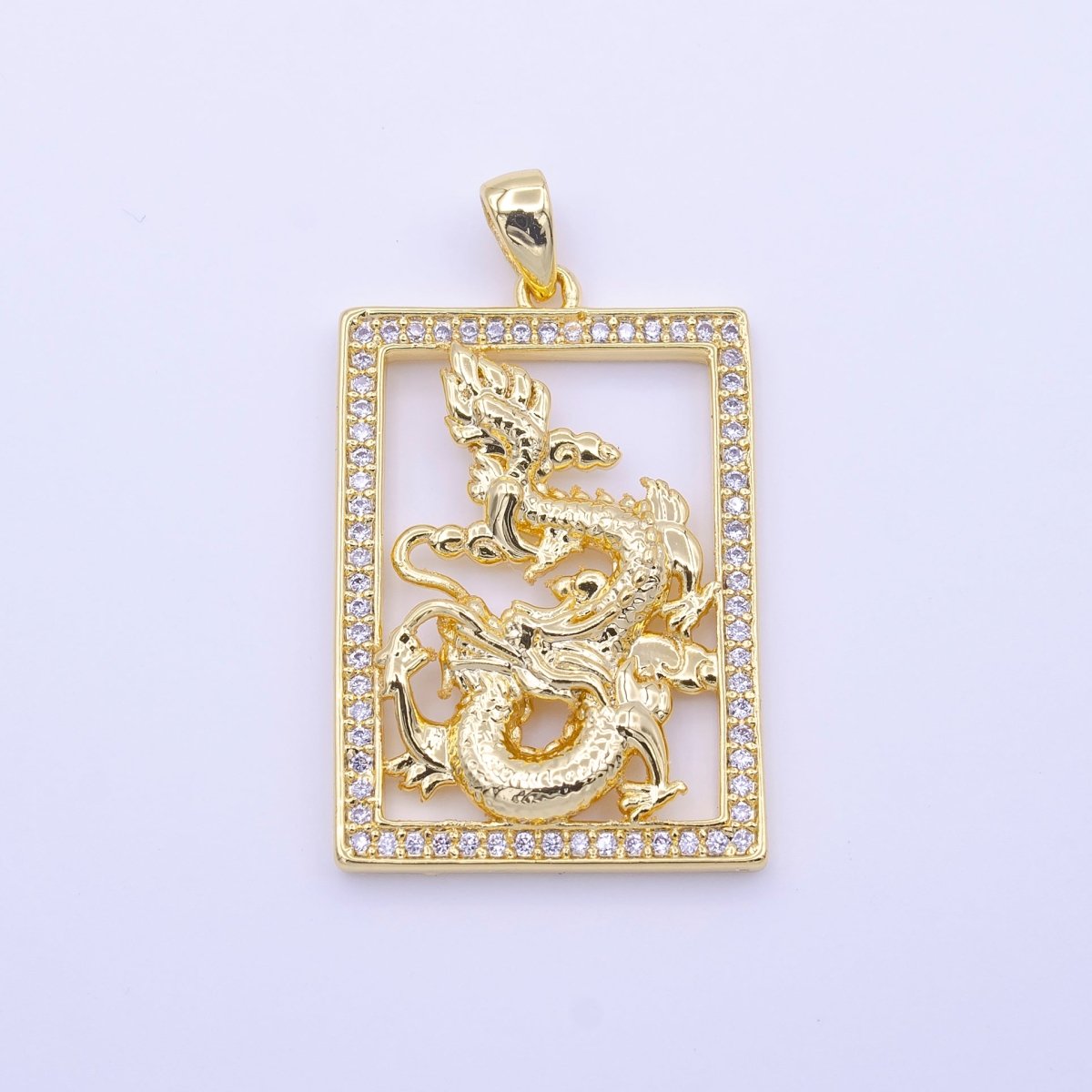24K Gold Filled Micro Paved CZ Frame Gold Chinese Dragon Pendant | AA511