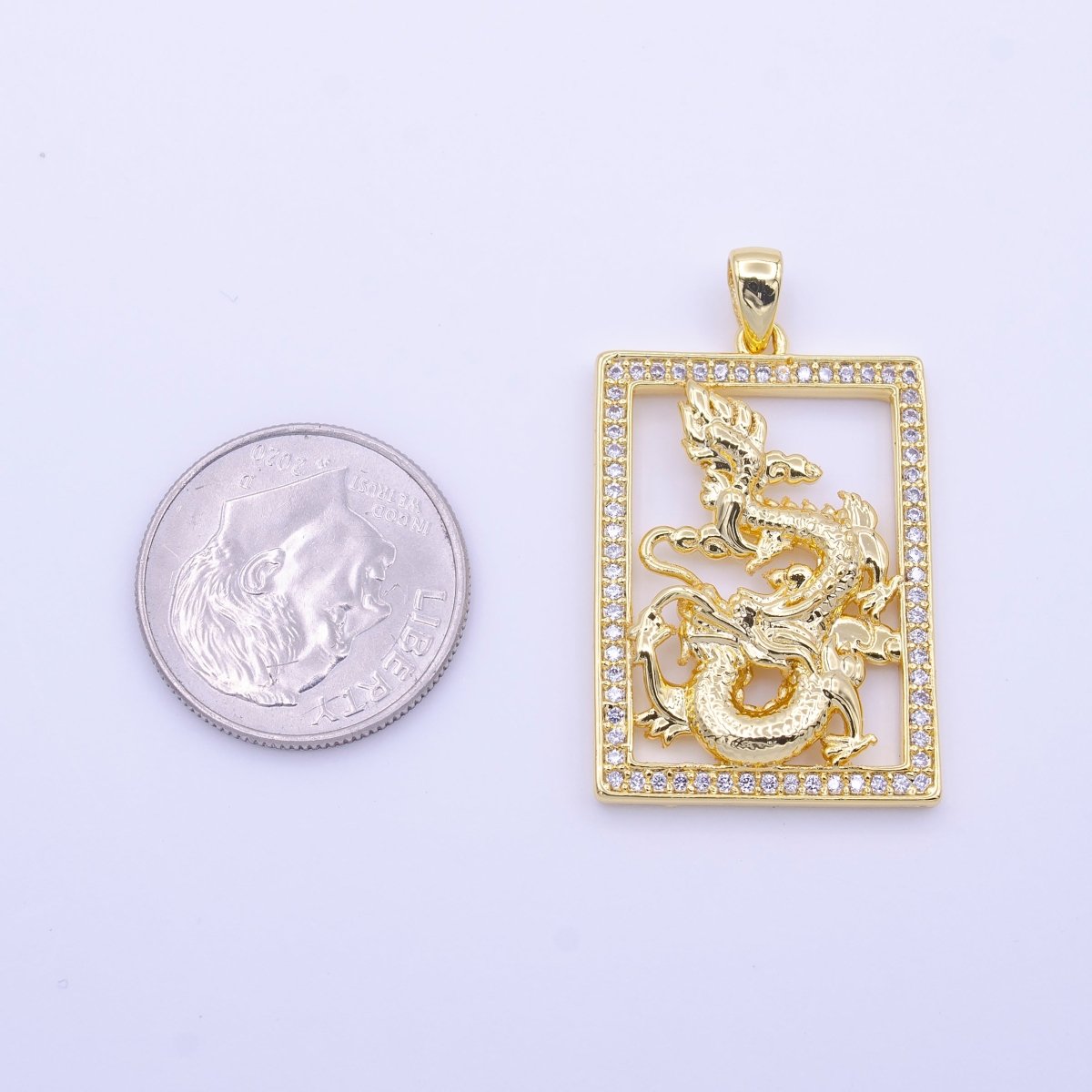 24K Gold Filled Micro Paved CZ Frame Gold Chinese Dragon Pendant | AA511