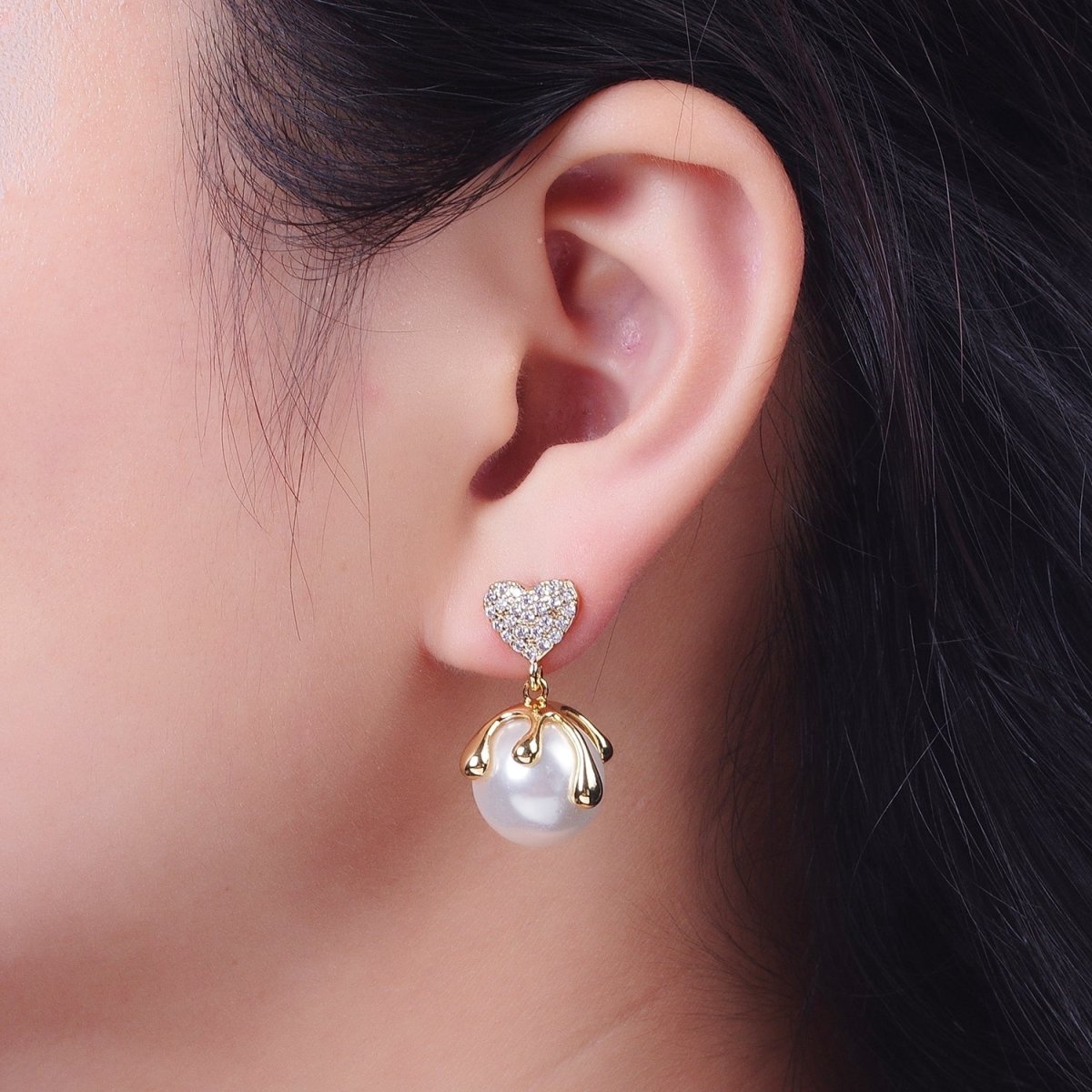 24K Gold Filled Micro Paved CZ Heart Love Drop Round White Pearl Geometric Drip Stud Earrings | AD-032