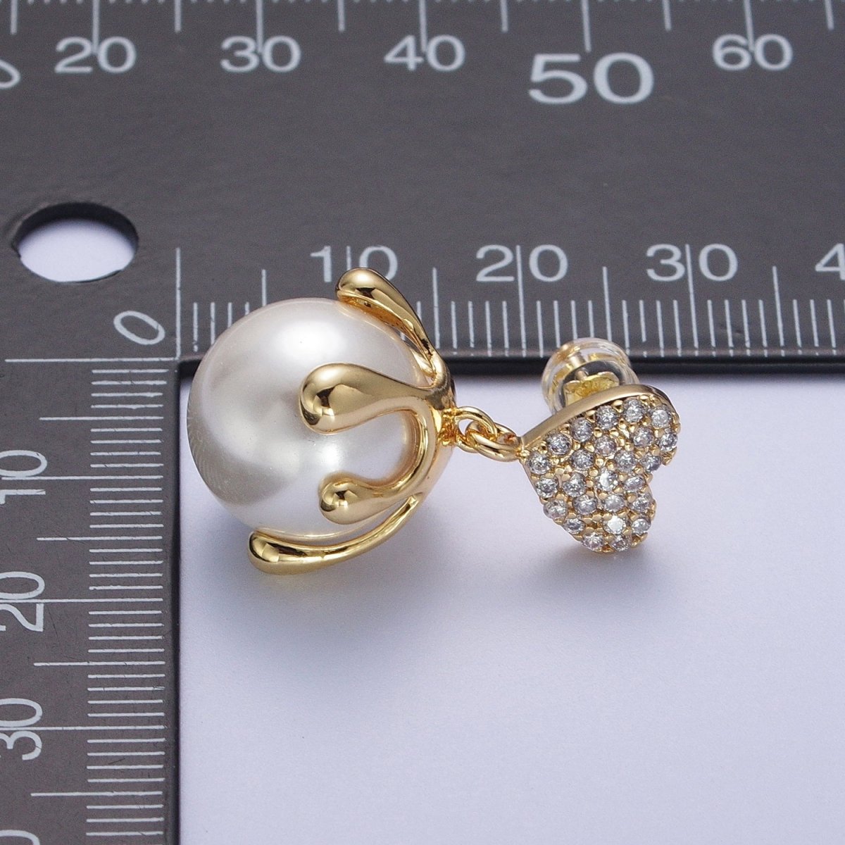 24K Gold Filled Micro Paved CZ Heart Love Drop Round White Pearl Geometric Drip Stud Earrings | AD-032