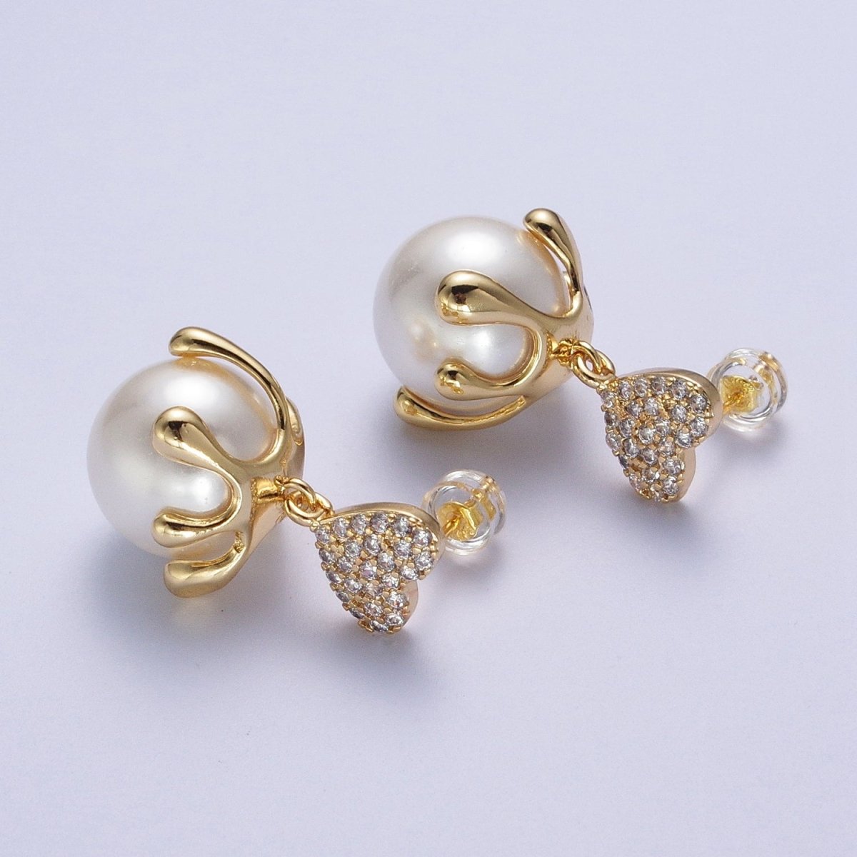 24K Gold Filled Micro Paved CZ Heart Love Drop Round White Pearl Geometric Drip Stud Earrings | AD-032