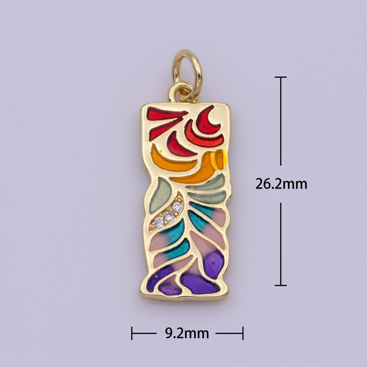 24K Gold Filled Micro Paved CZ Multicolor Rainbow Enamel Leaf Rectangular Charm N-181