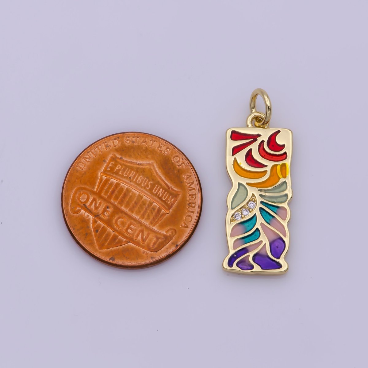 24K Gold Filled Micro Paved CZ Multicolor Rainbow Enamel Leaf Rectangular Charm N-181
