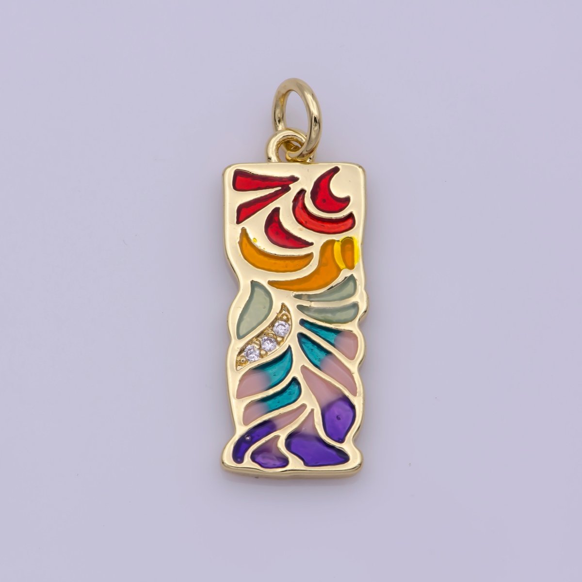 24K Gold Filled Micro Paved CZ Multicolor Rainbow Enamel Leaf Rectangular Charm N-181