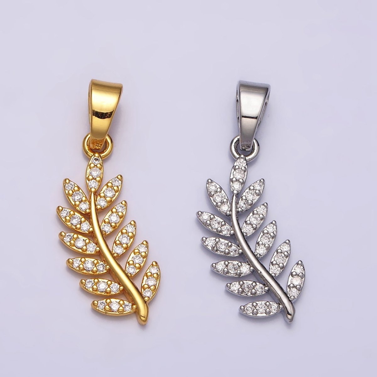 24K Gold Filled Micro Paved CZ Olive Leaf Plant Nature Pendant in Gold & Silver | AA473 AA474