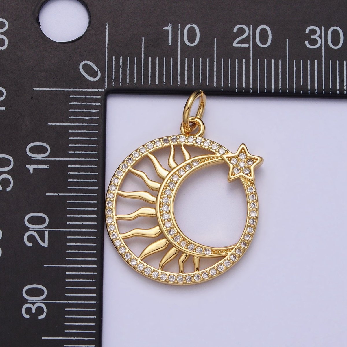 24K Gold Filled Micro Paved CZ Sun Star Crescent Moon Celestial Open Charm | AC367