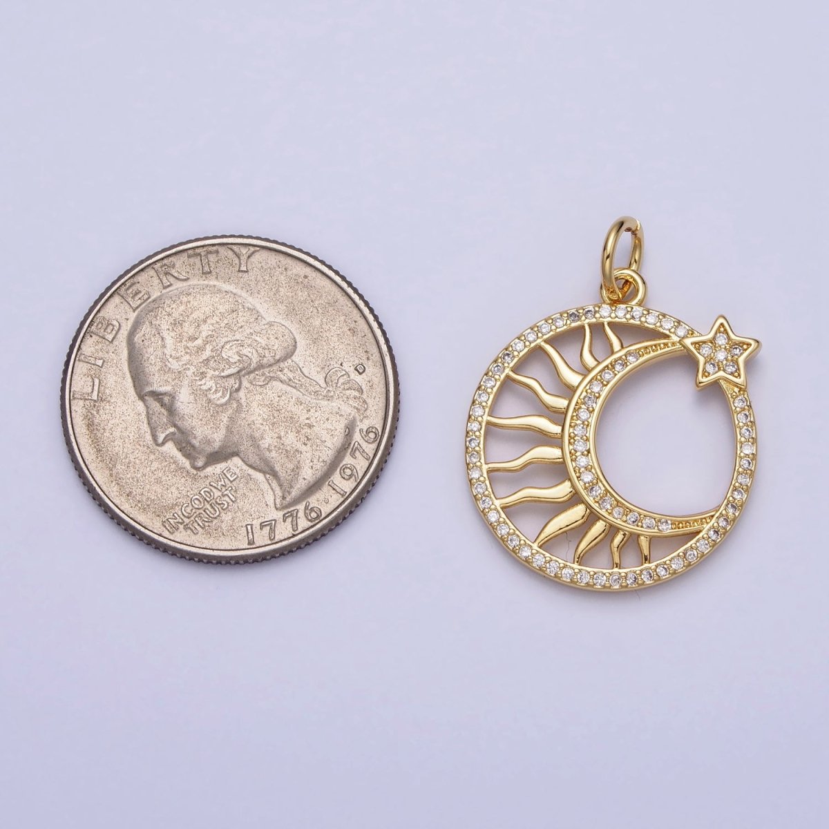 24K Gold Filled Micro Paved CZ Sun Star Crescent Moon Celestial Open Charm | AC367