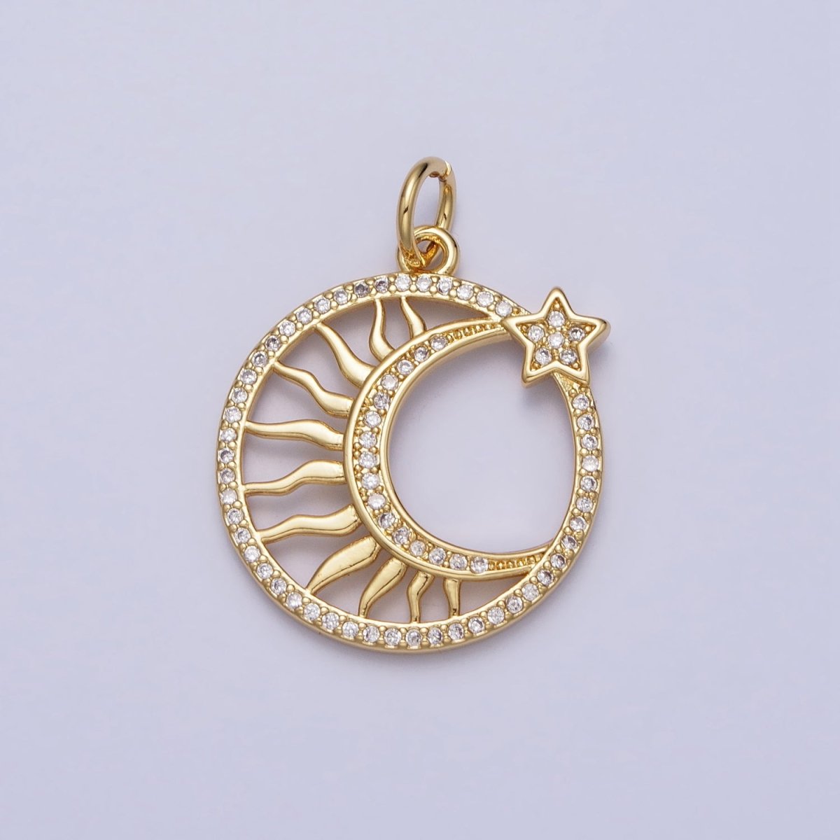 24K Gold Filled Micro Paved CZ Sun Star Crescent Moon Celestial Open Charm | AC367