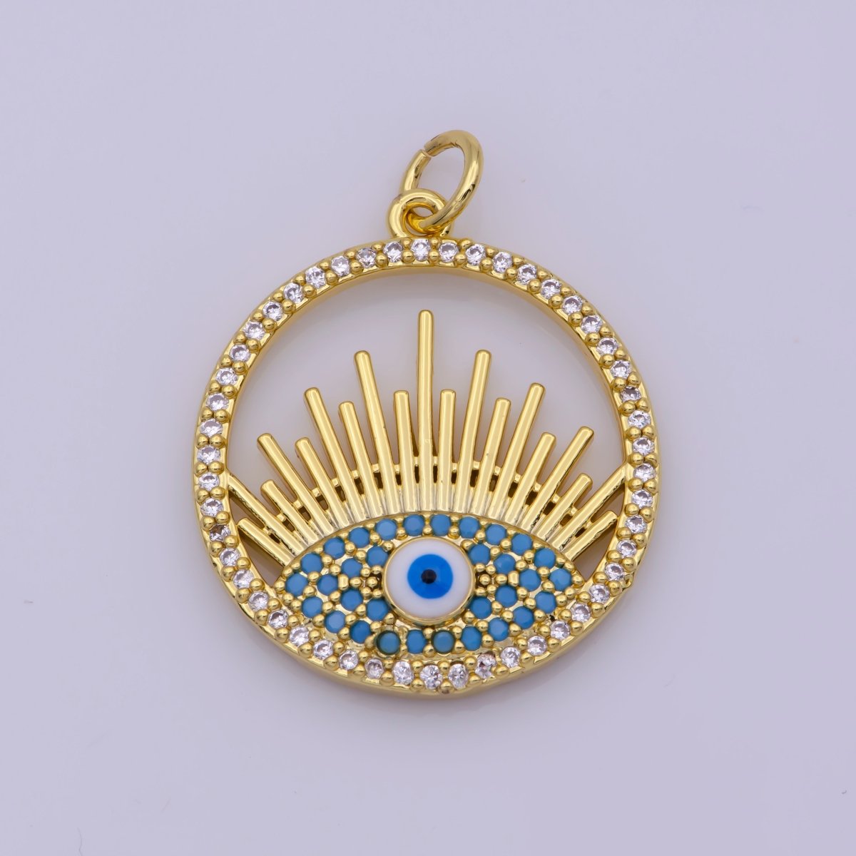24K Gold Filled Micro Paved CZ Turquoise Evil Eye Open Coin Charm N-193