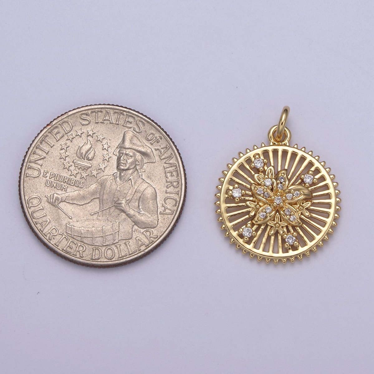 24K Gold Filled Micro Paved Flower Bars Spiked Round Medallion Charm | N383