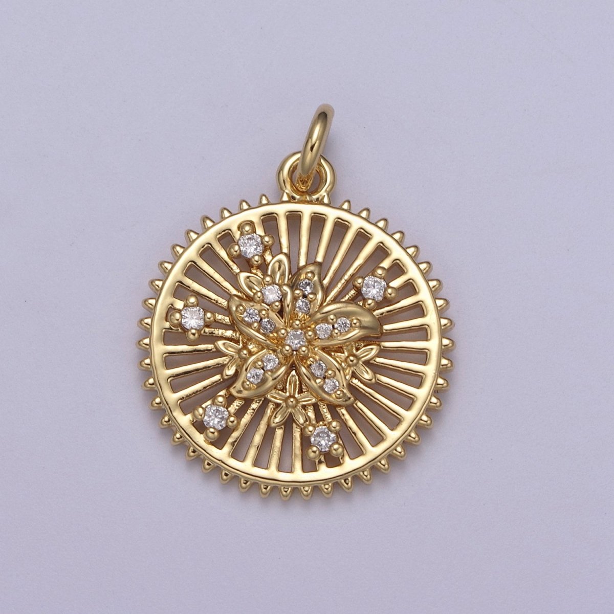 24K Gold Filled Micro Paved Flower Bars Spiked Round Medallion Charm | N383