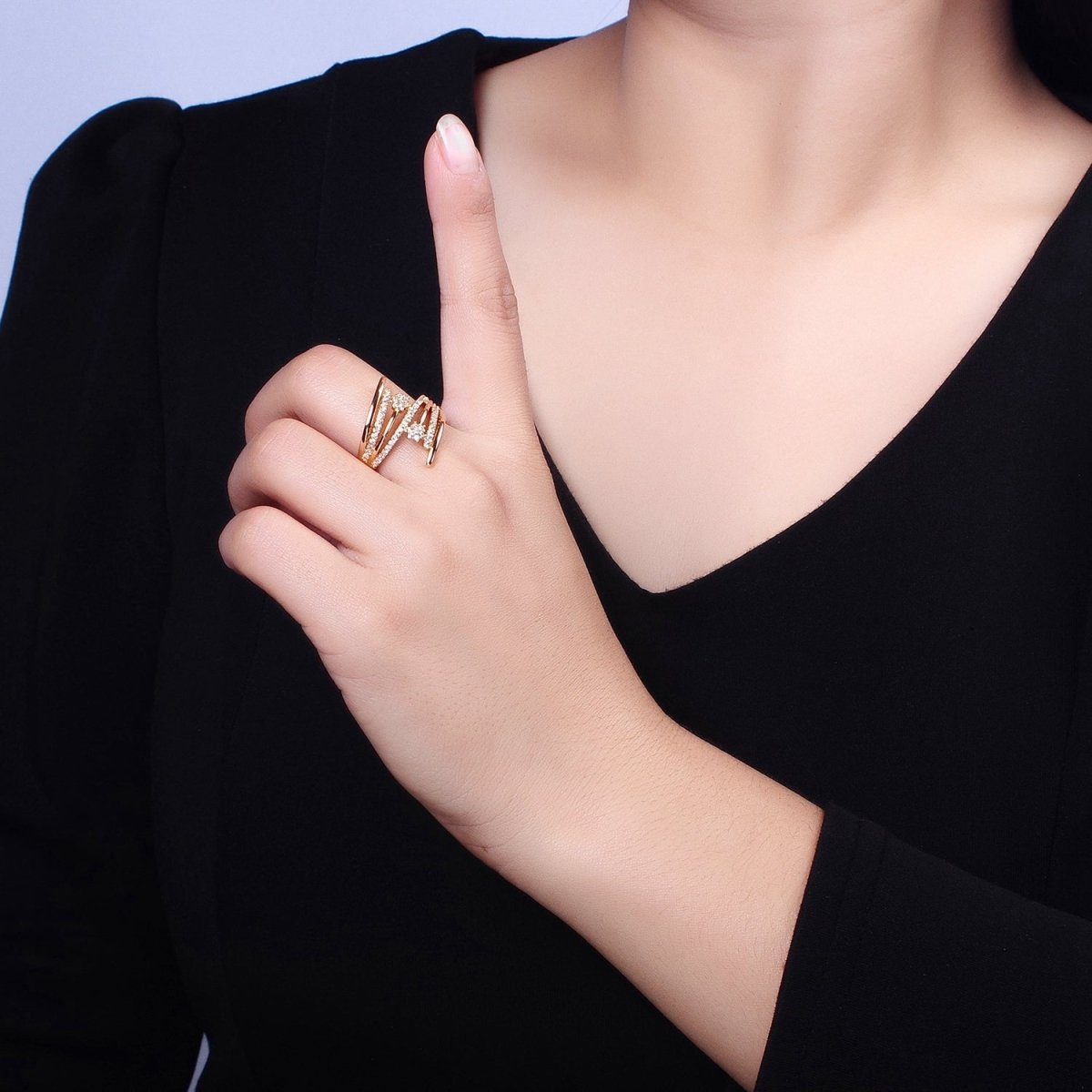 24K Gold Filled Micro Paved Flower CZ Multiple Band Statement Ring in Gold & Silver | O-1934 O-1935