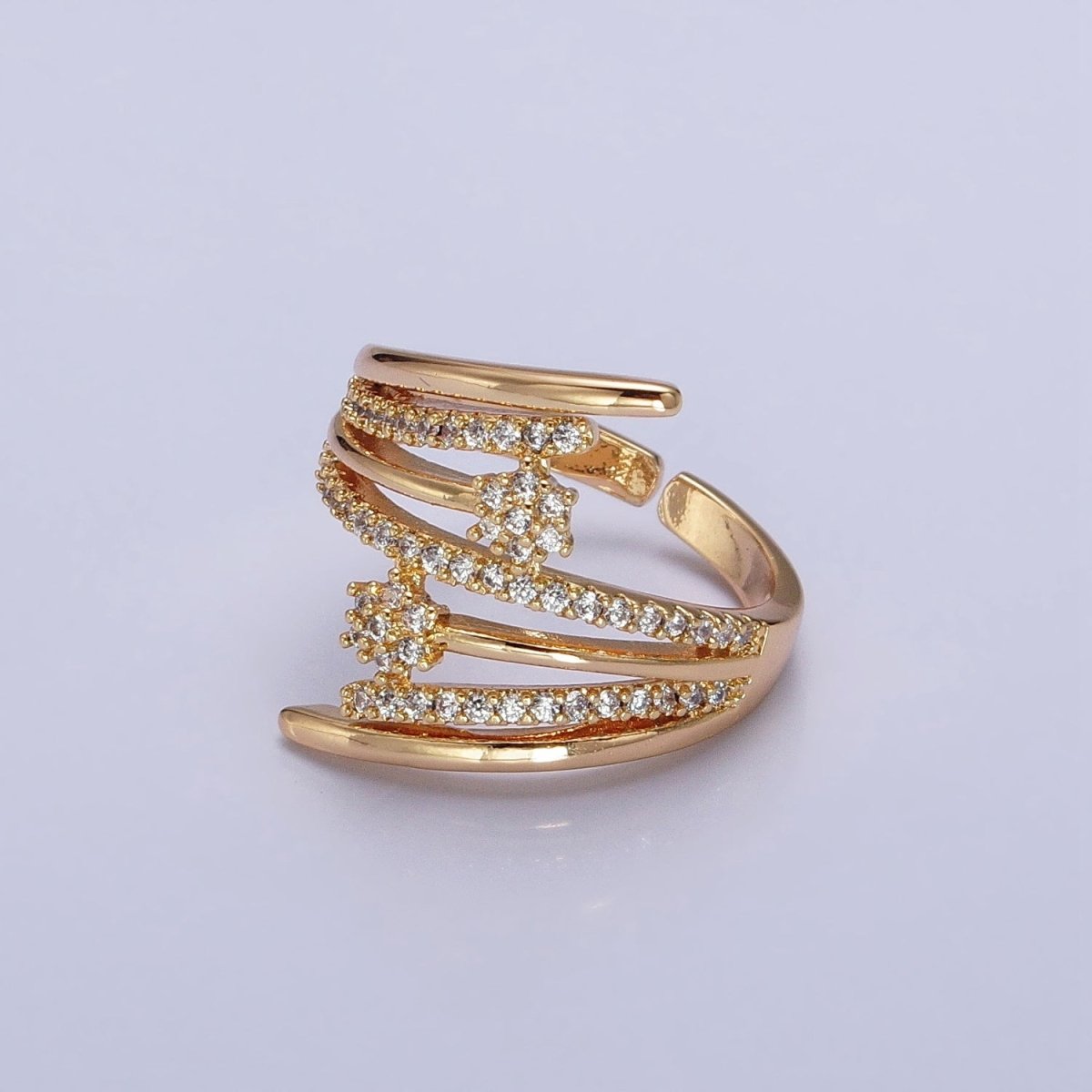 24K Gold Filled Micro Paved Flower CZ Multiple Band Statement Ring in Gold & Silver | O-1934 O-1935