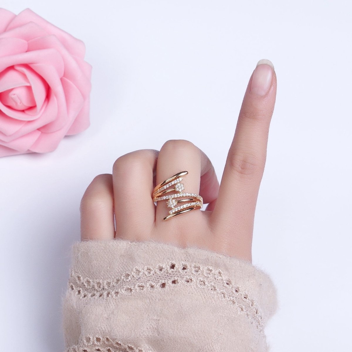 24K Gold Filled Micro Paved Flower CZ Multiple Band Statement Ring in Gold & Silver | O-1934 O-1935