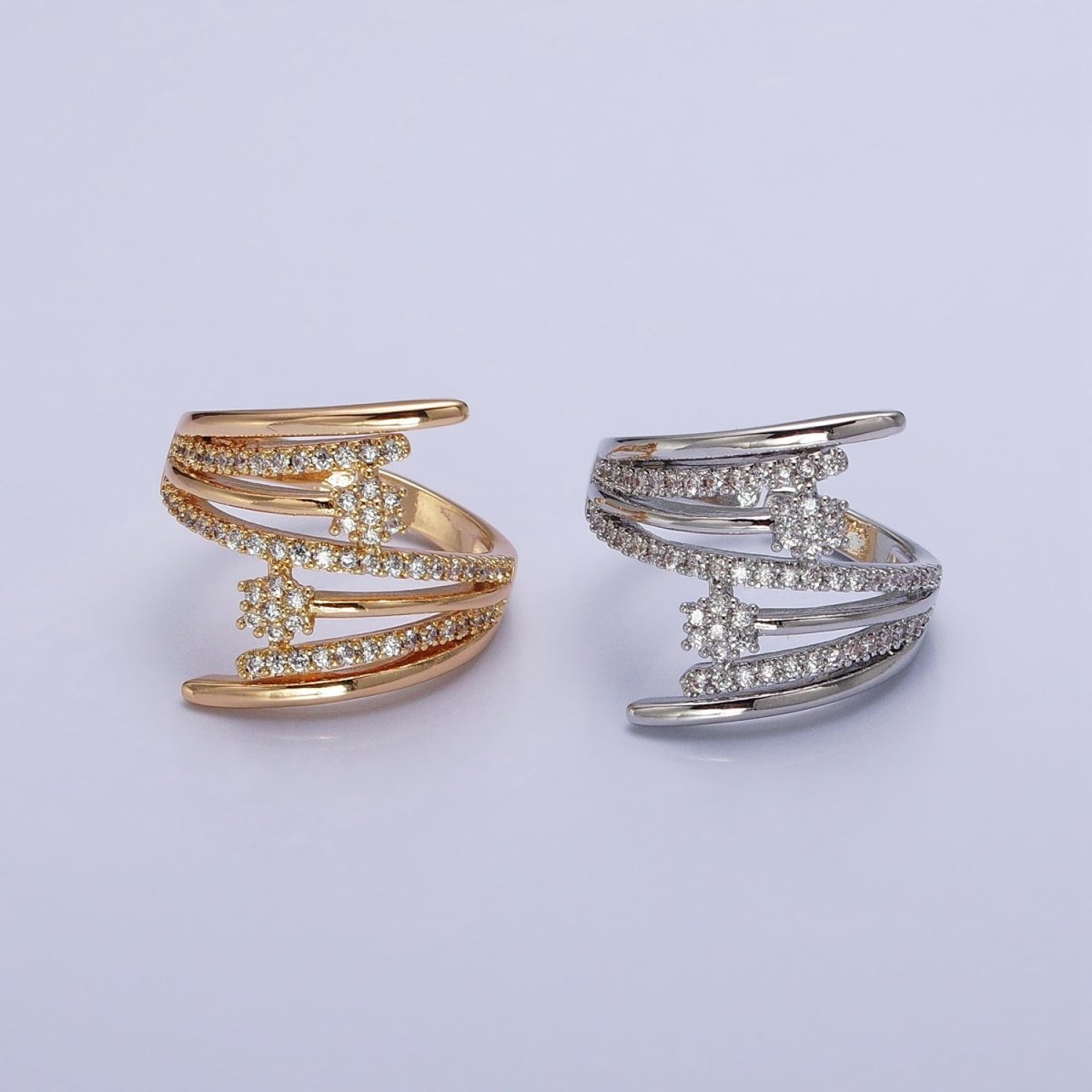 24K Gold Filled Micro Paved Flower CZ Multiple Band Statement Ring in Gold & Silver | O-1934 O-1935