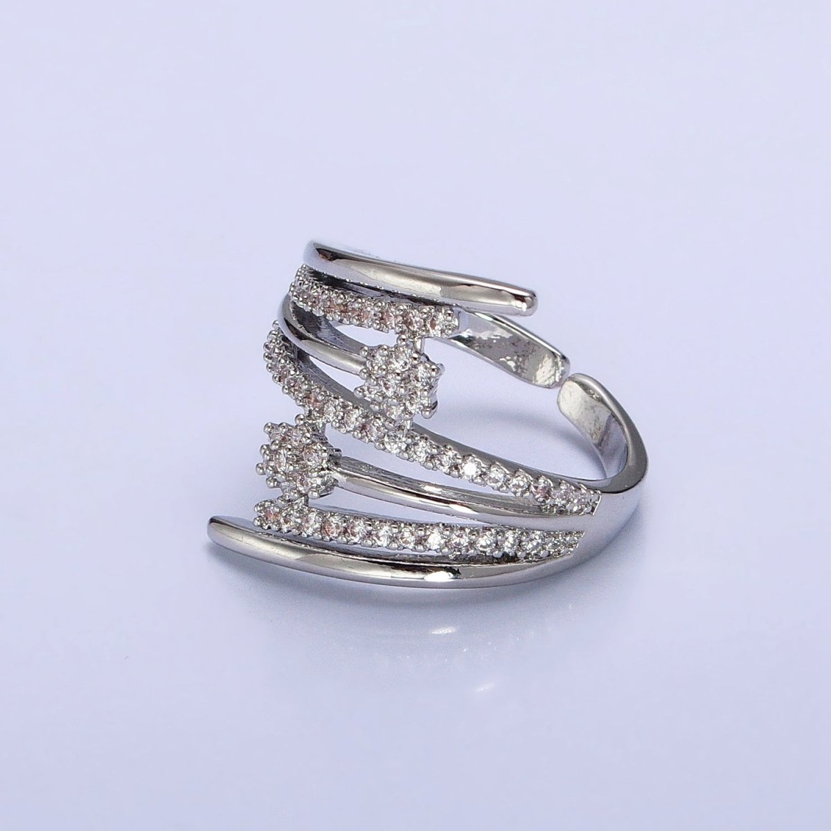24K Gold Filled Micro Paved Flower CZ Multiple Band Statement Ring in Gold & Silver | O-1934 O-1935