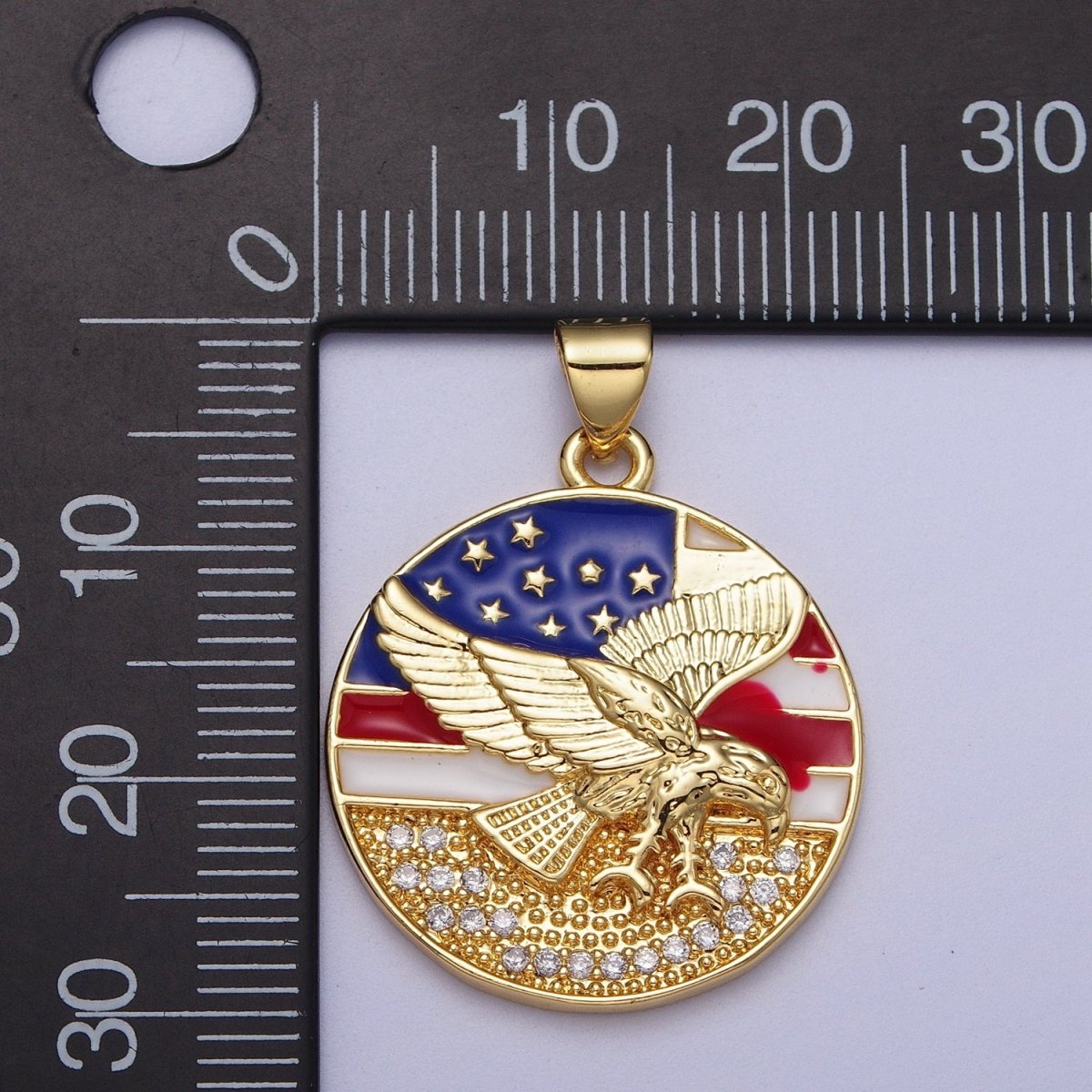 24K Gold Filled Micro Paved Flying Eagle American Flag Enamel Round Pendant  I-214