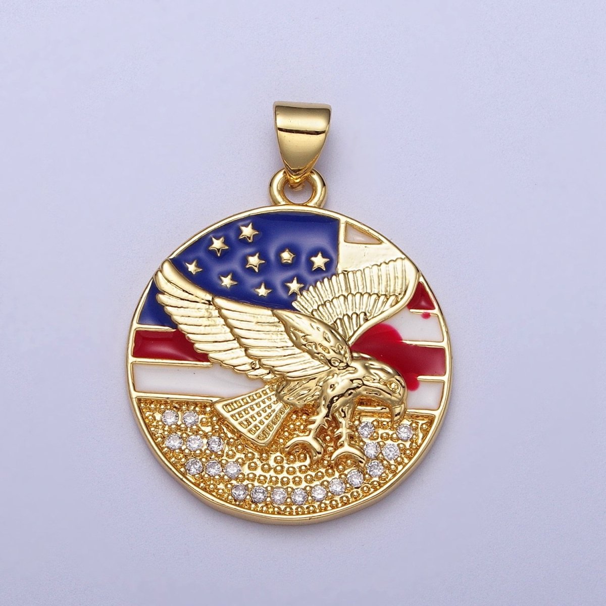 24K Gold Filled Micro Paved Flying Eagle American Flag Enamel Round Pendant  I-214